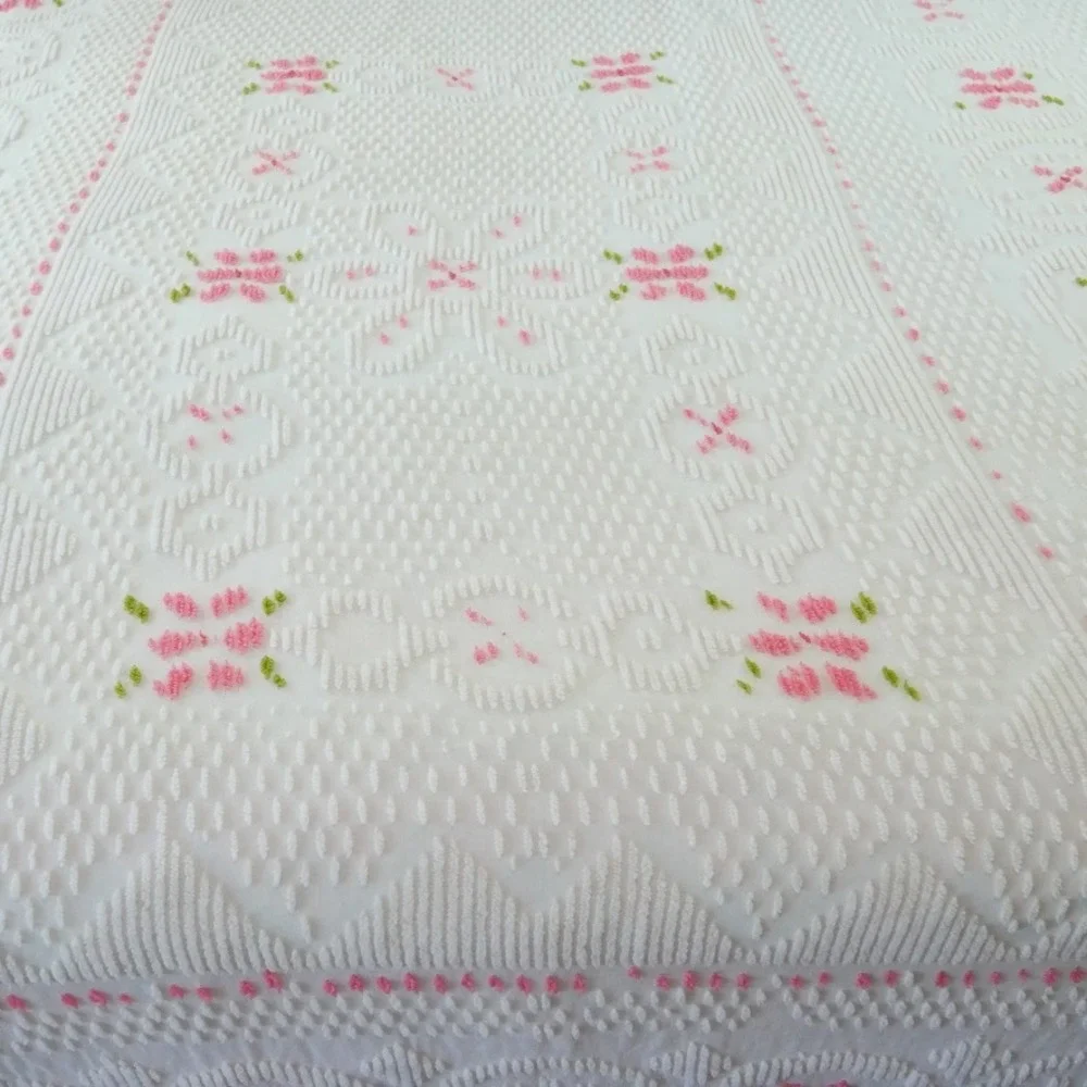 Vintage White Chenille Bedspread Pink Green Floral Tufted Fringe Twin 99x71